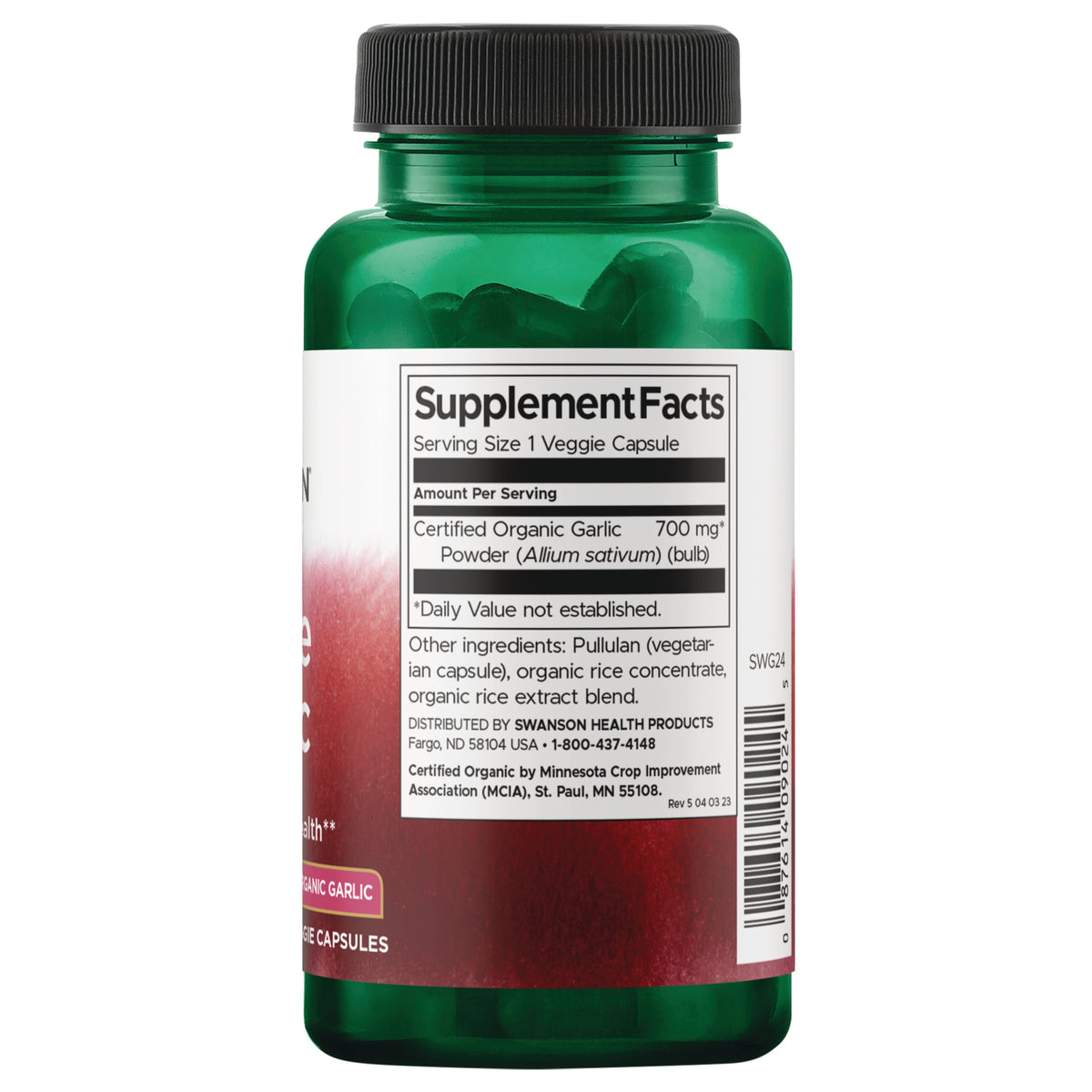 SWG24 | Back label with Supplement Facts for certified organic garlic powder 700 mg, ingredients and barcode