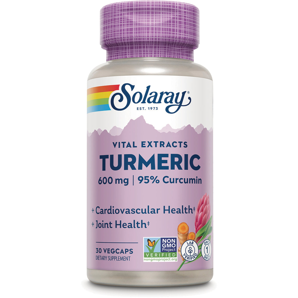 SLR436 | Solaray Vital Extracts Turmeric 600 mg, 95% Curcumin, 30 VegCaps supplement bottle front label