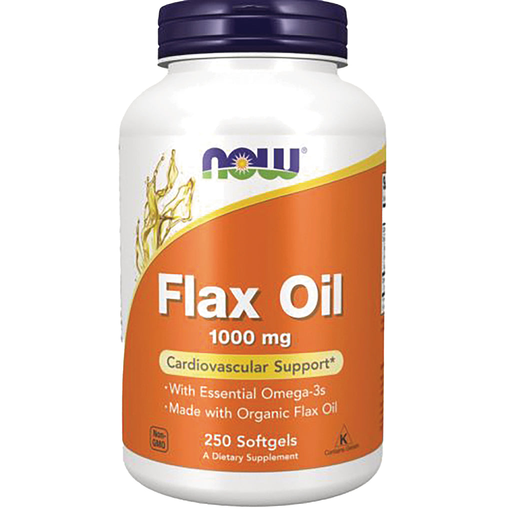 NWF884 | NOW Flax Oil 1000 mg bottle with orange label showing 250 softgels and cardiovascular support - Thumbnail