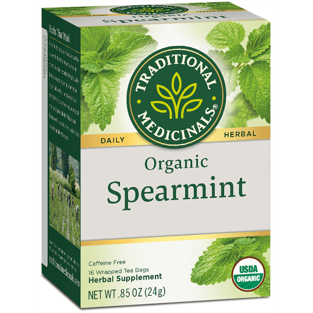 TMD026 | Traditional Medicinals Organic Spearmint tea box front, caffeine free, 16 wrapped tea bags, USDA Organic - Thumbnail