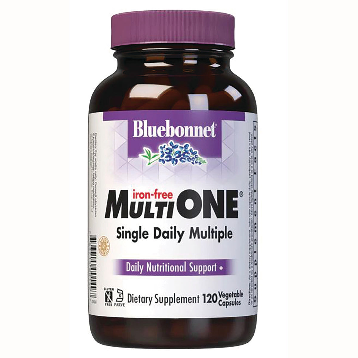 BLU102 | Brown bottle labeled Bluebonnet MultiONE Single Daily Multiple 120 vegetable capsules, iron-free