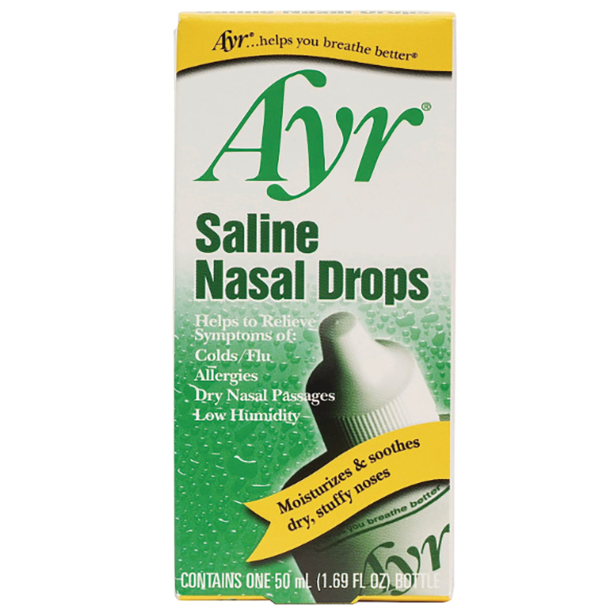 BFA003 | Ayr Saline Nasal Drops front box showing product name and dropper graphic