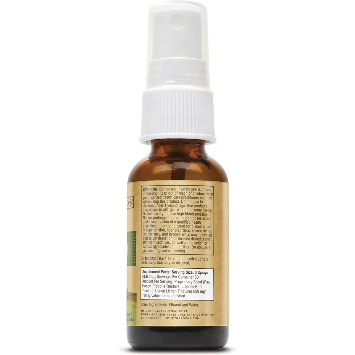 HGR003 | Back of amber spray bottle label showing warning, directions and Supplement Facts panel