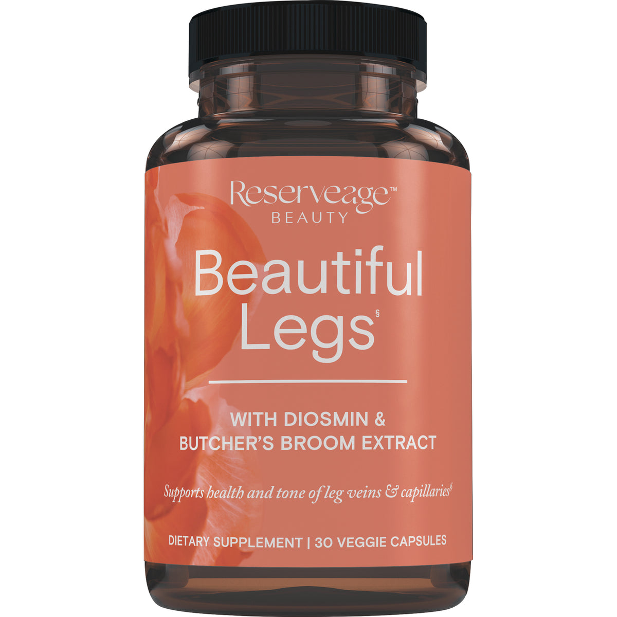 RSA011 | Amber supplement bottle labeled Reserveage BEAUTY Beautiful Legs with Diosmin & Butcher's Broom Extract, 30 veggie capsules