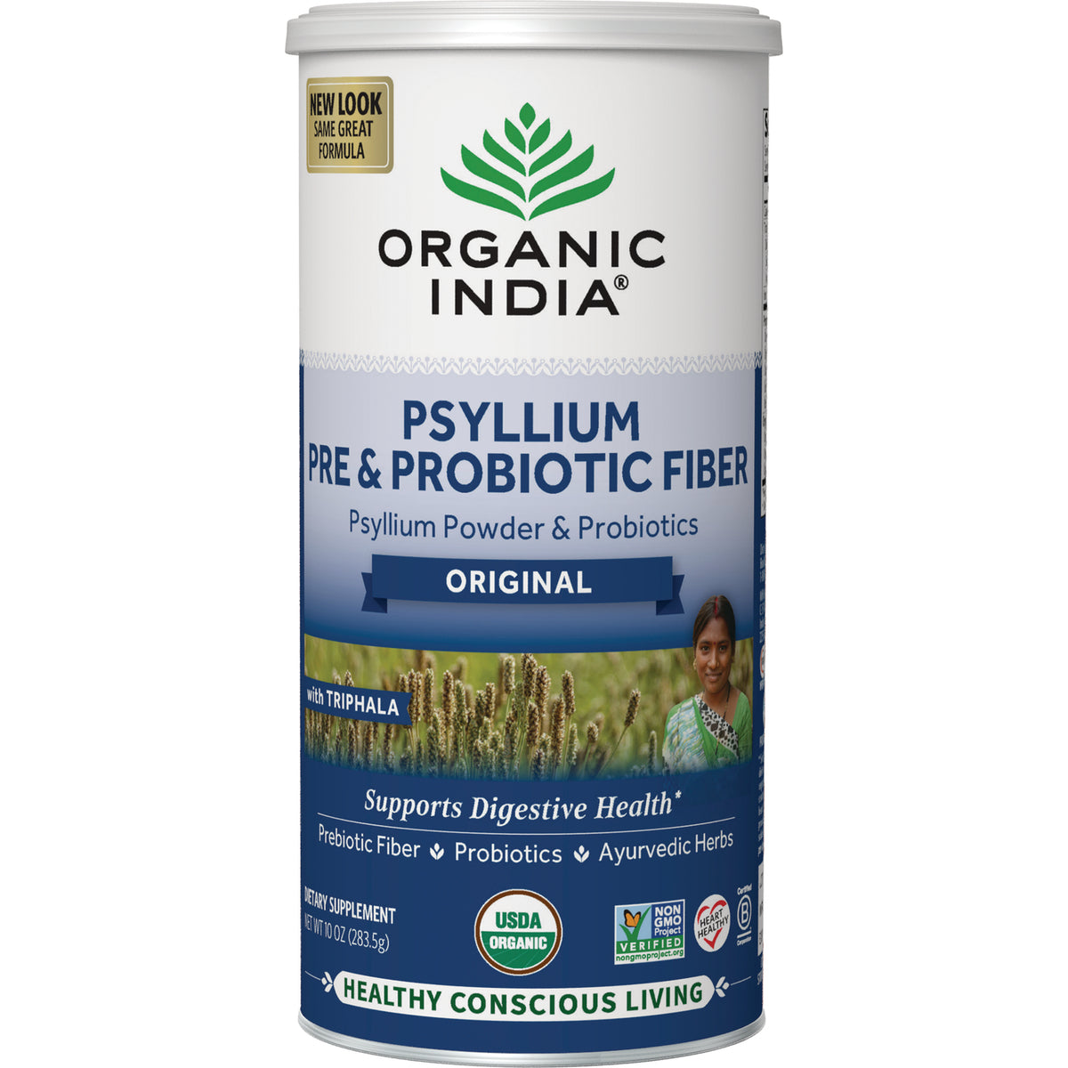 RGN081 | Organic India Psyllium pre & probiotic fiber original powder canister front label with brand logo and supports digestive health