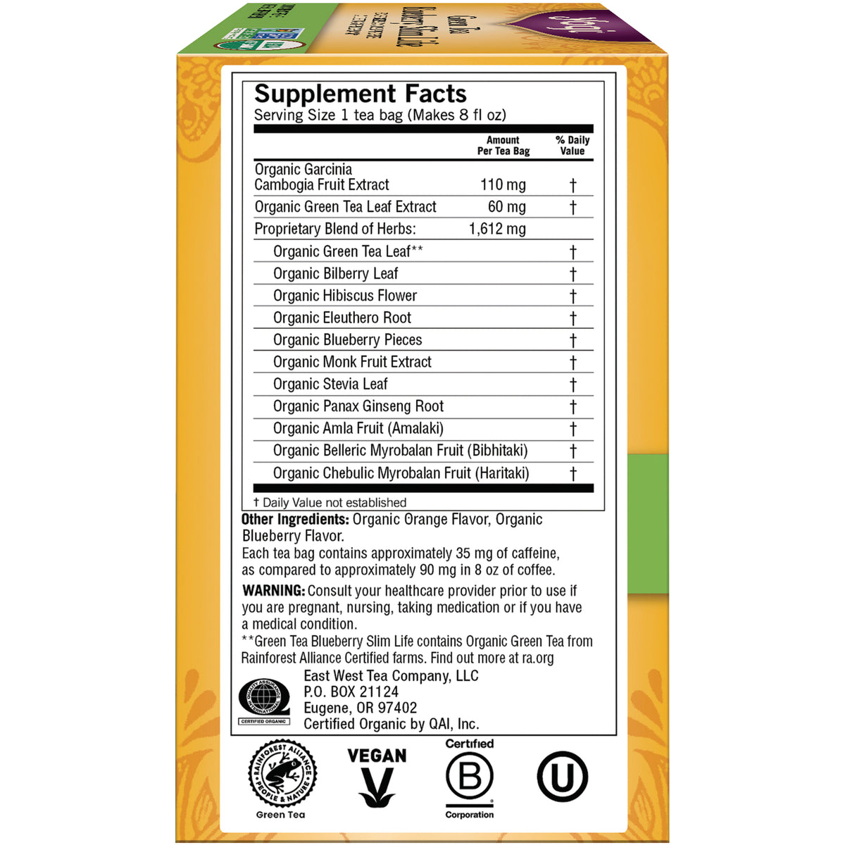 AHW028 | Supplement Facts panel showing Serving Size 1 tea bag, ingredient list, warnings and certification icons
