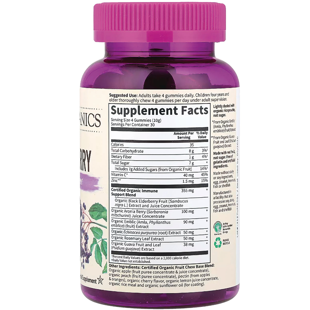 GLF272 | Back of purple bottle showing Supplement Facts panel and ingredient list for elderberry gummies