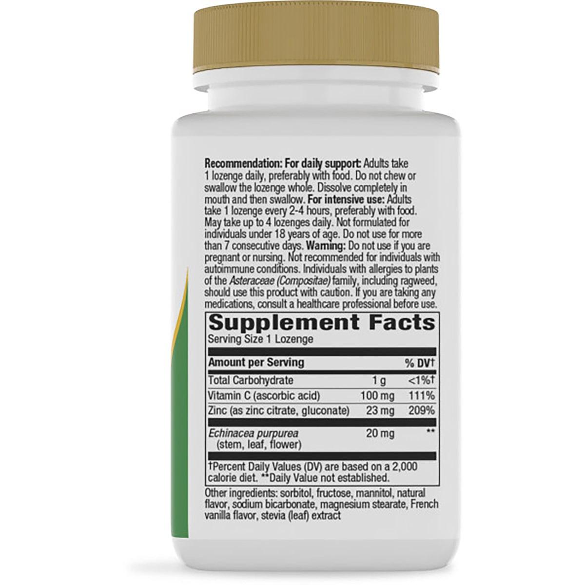 NW594 | Back of brown bottle with green cap showing Supplement Facts panel and warning text