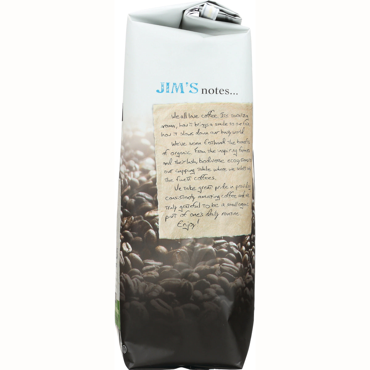 JOC001 | back of coffee bag showing JIM'S notes panel over a bed of coffee beans
