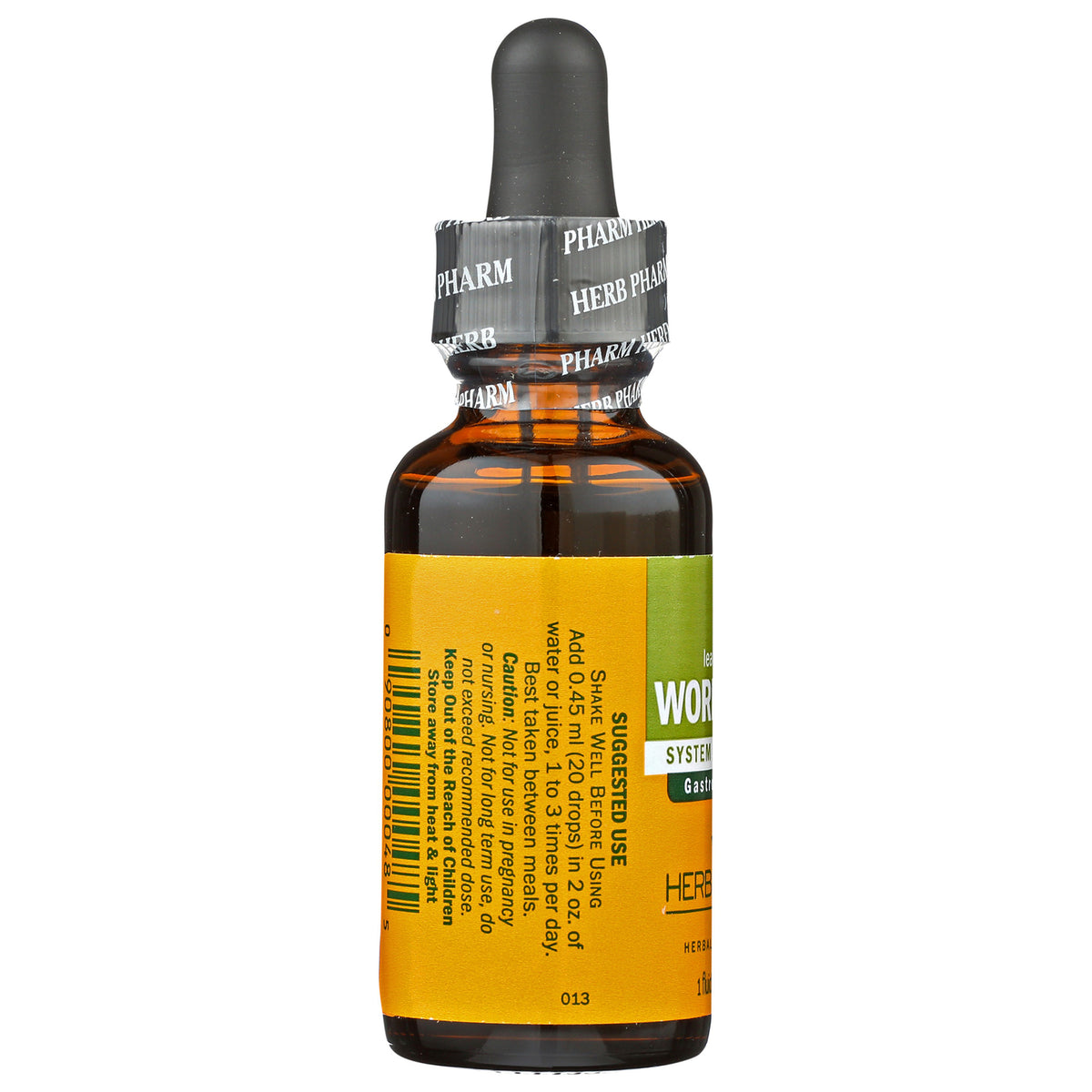Amber dropper bottle with black cap and orange Herbal label, showing suggested use instructions