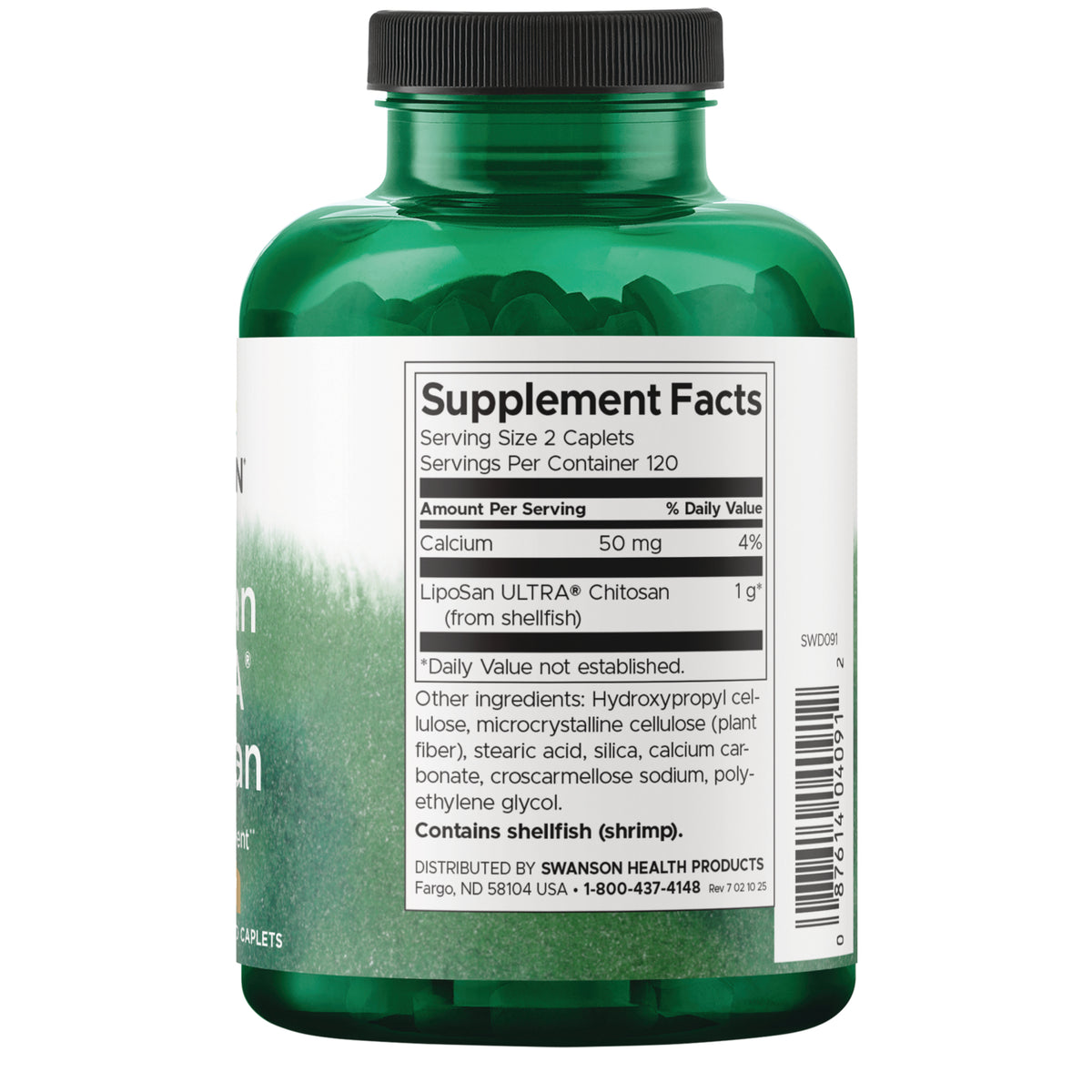 SWD091 | Supplement Facts and ingredients panel for Swanson bottle; contains shellfish (shrimp)