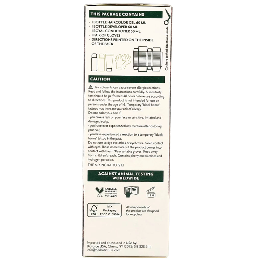 HBT003 | Back panel of hair color box listing contents, caution, mixing ratio, and recycling and vegan icons - Thumbnail