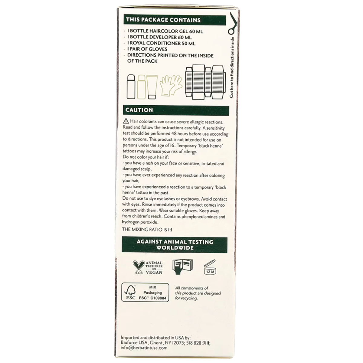 HBT003 | Back panel of hair color box listing contents, caution, mixing ratio, and recycling and vegan icons
