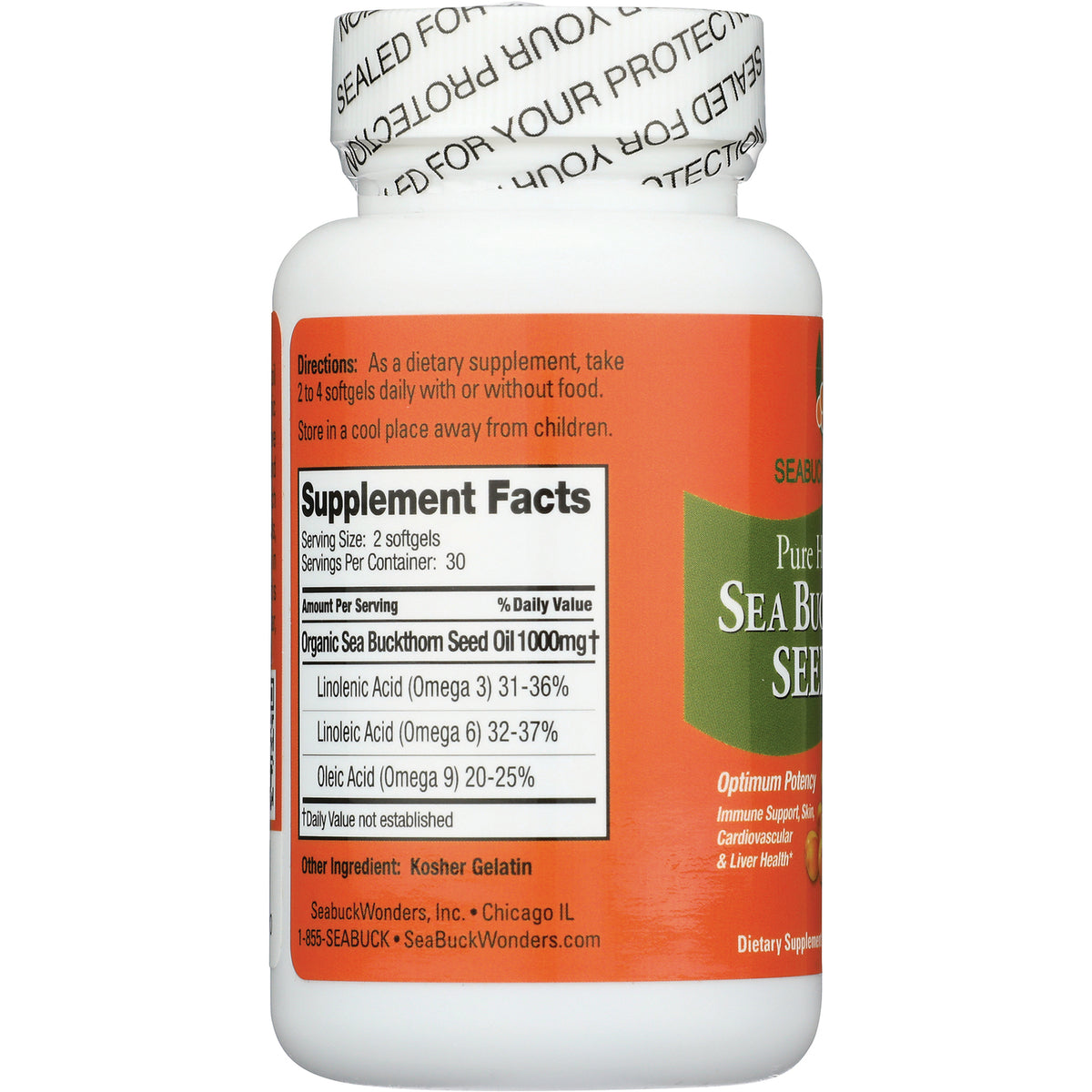 SBW003 | Back of white supplement bottle showing Supplement Facts panel, directions, and Kosher Gelatin ingredient