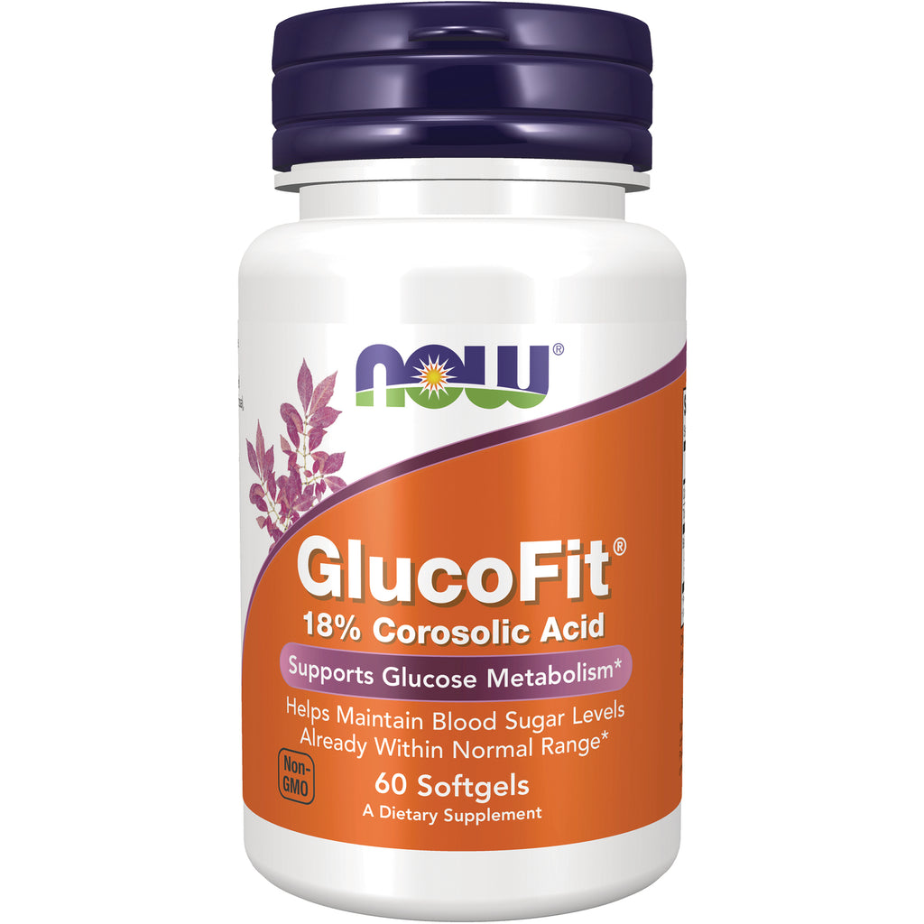 NWF1021 | NOW GlucoFit 18% Corosolic Acid 60 softgels bottle with orange label, supports glucose metabolism - Thumbnail