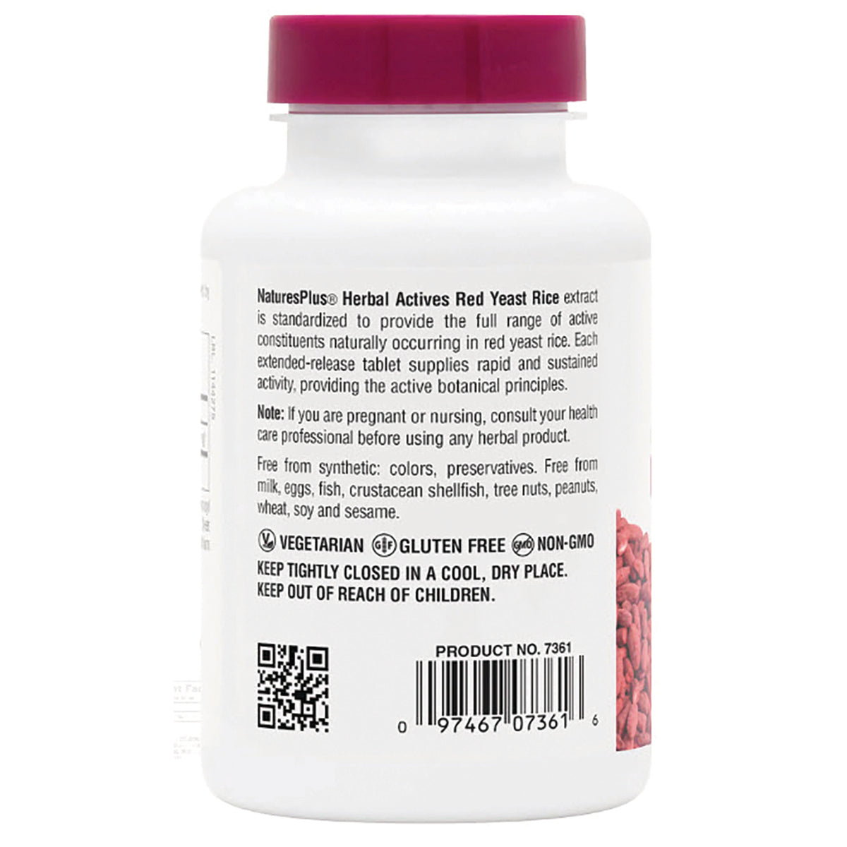 NTP308 | Back of NaturesPlus Herbal Actives Red Yeast Rice bottle with directions, warnings, and product number