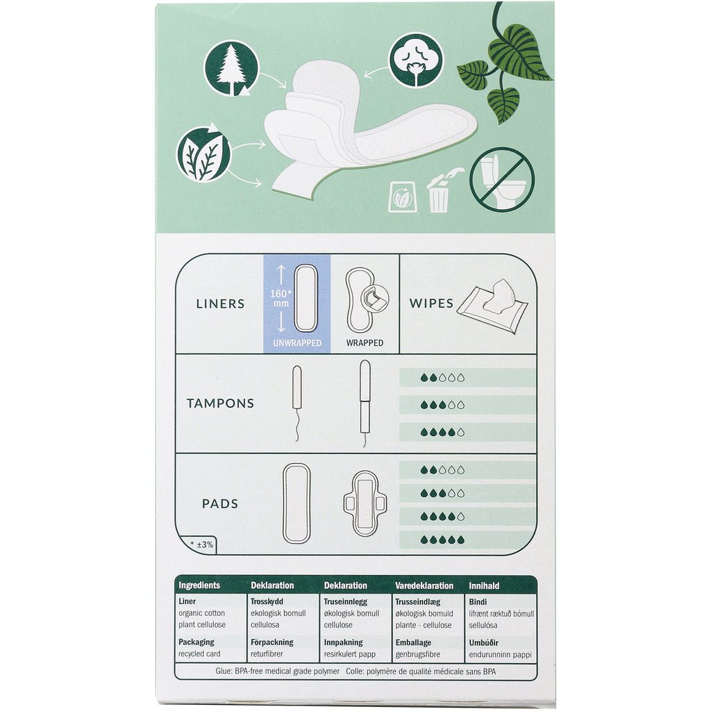 NCR011 | Back packaging with diagrams of liners, tampons, pads, wipes and an ingredients table - Thumbnail
