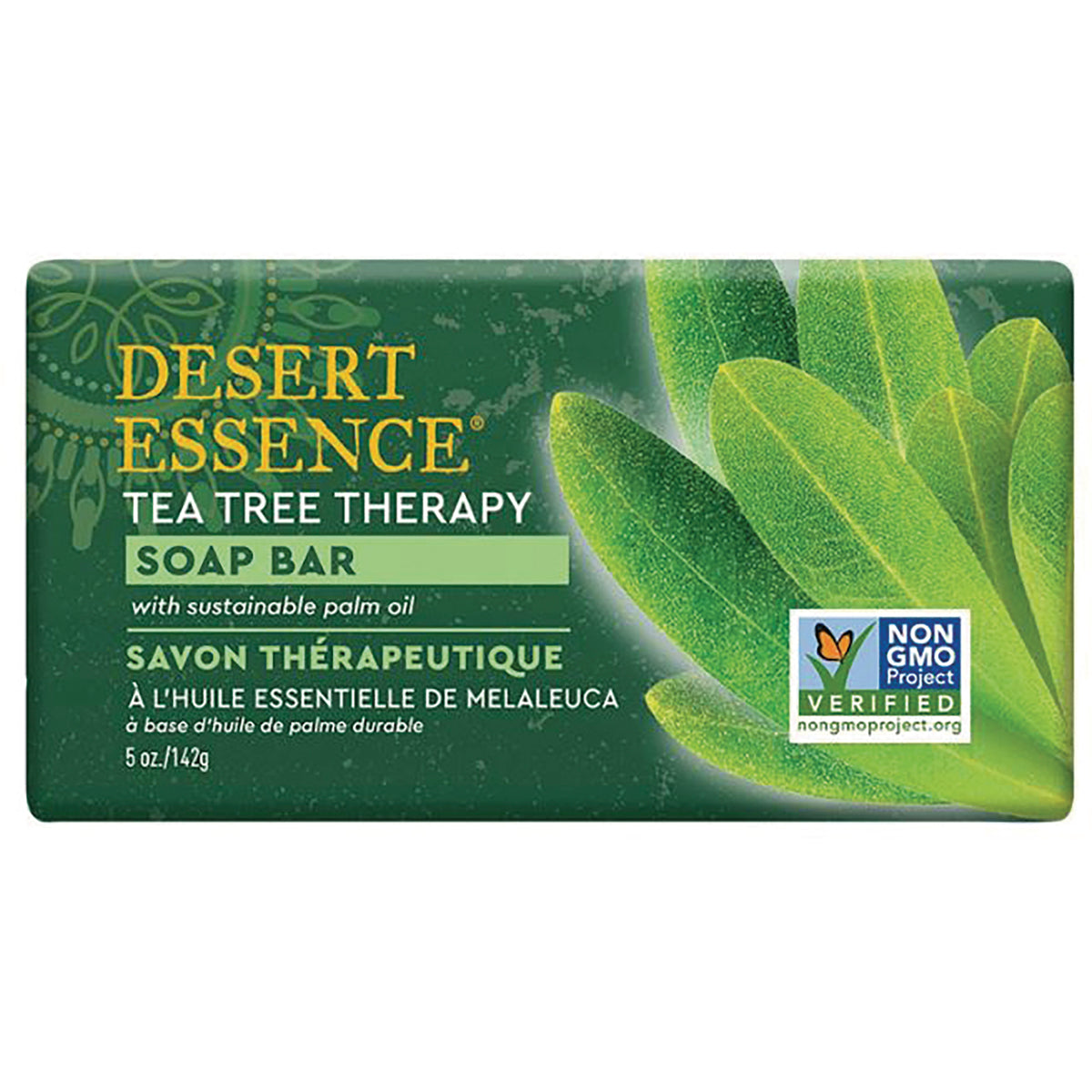 Desert Essence Tea Tree Therapy soap bar packaging with green leaf design and Non GMO Project Verified logo