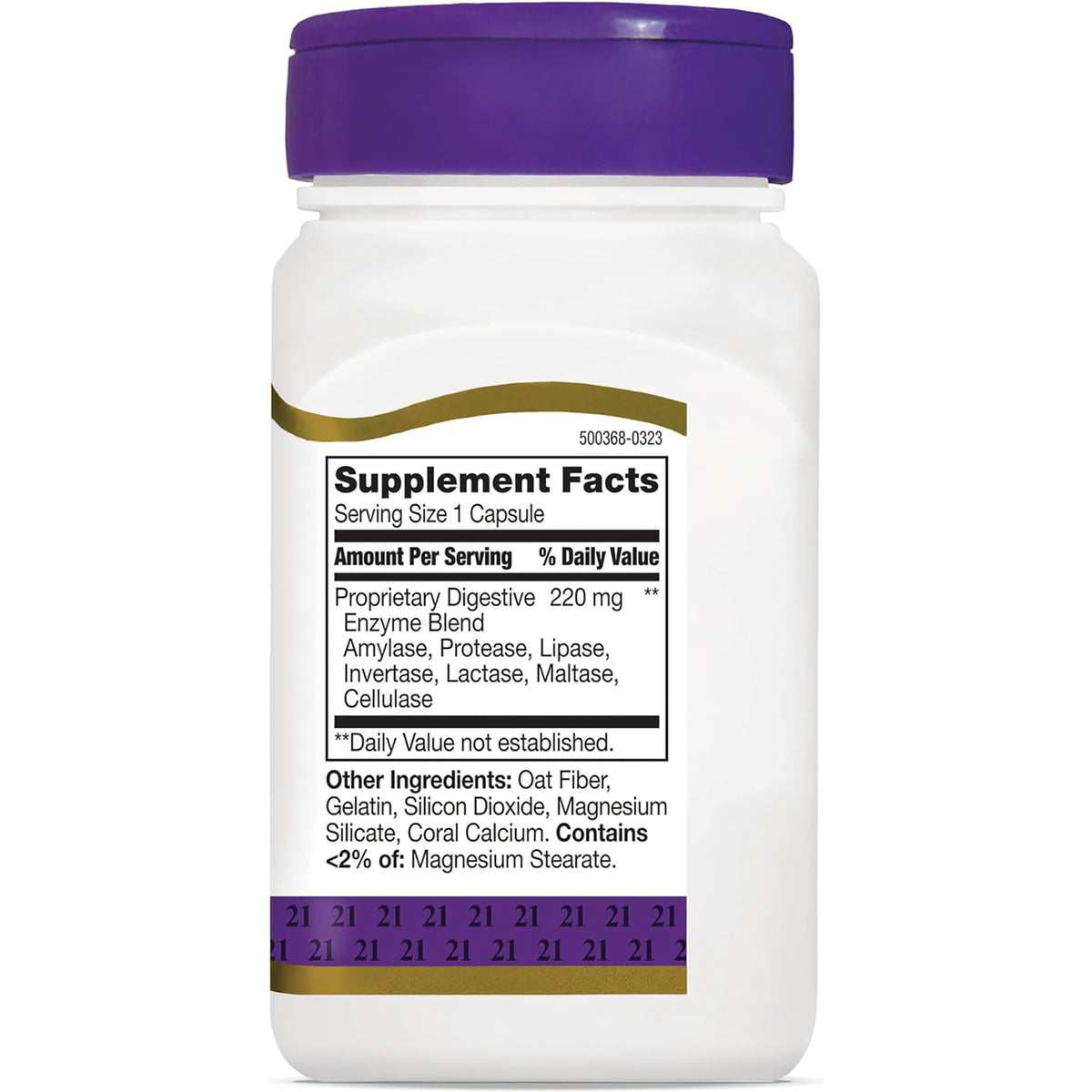 CNT048 | Back of white supplement bottle showing Supplement Facts panel, ingredient list, and purple cap