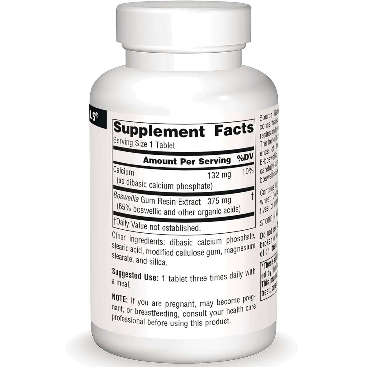 SN458 | Back label with Supplement Facts, serving size 1 tablet, calcium 132 mg and boswellia gum resin extract 375 mg