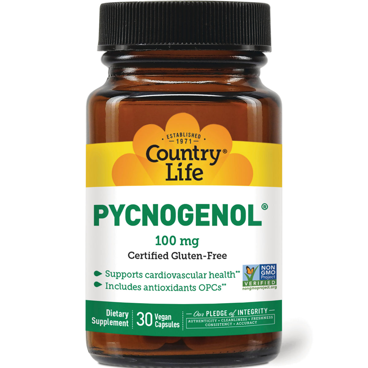 CRL418 | Country Life Pycnogenol 100 mg amber supplement bottle labeled Certified Gluten-Free 30 vegan capsules