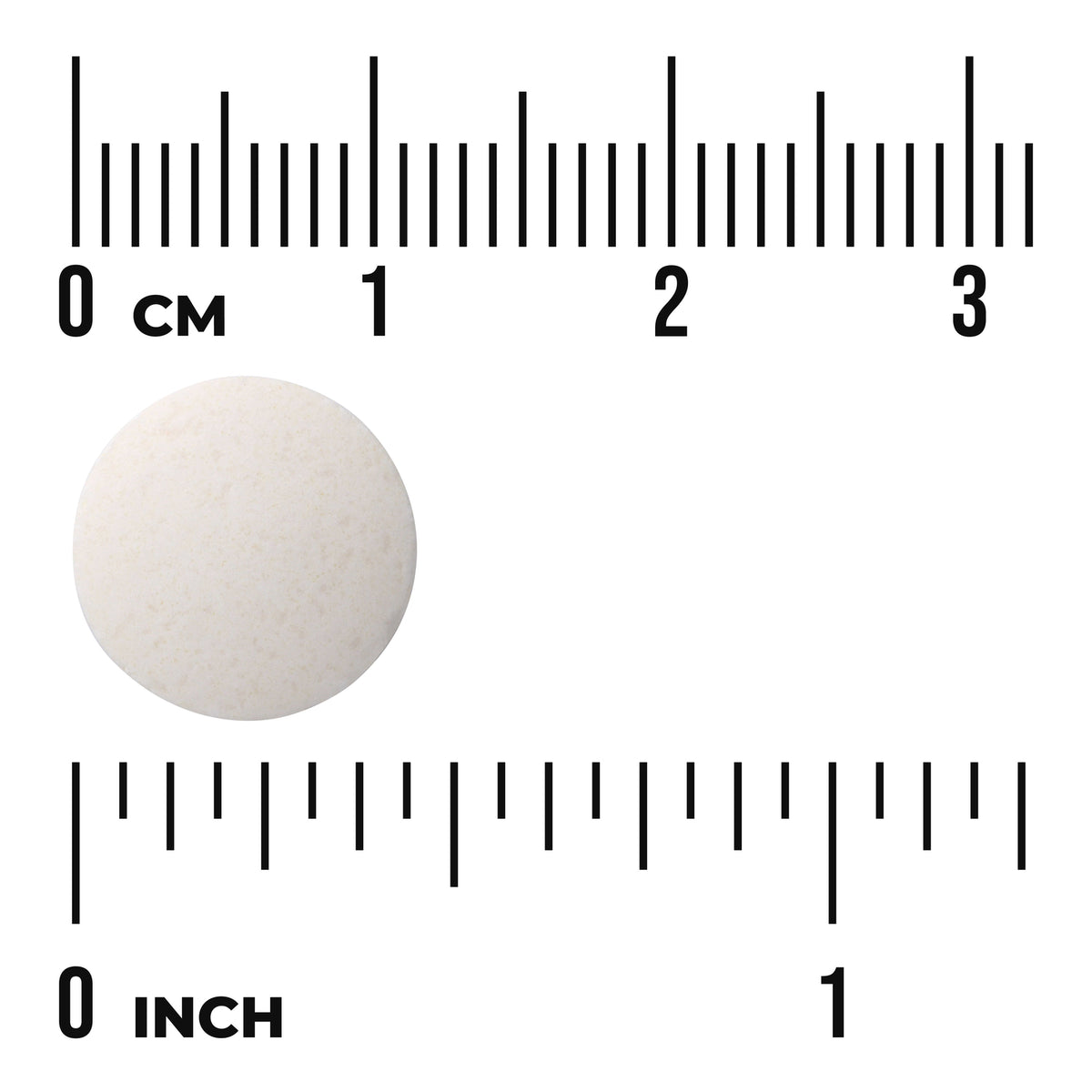 SW1138 | Round white tablet shown with centimeter and inch rulers for size