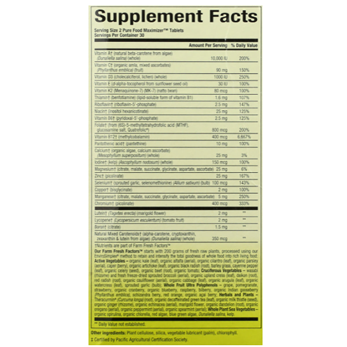 NFC191 | Supplement Facts panel showing vitamins, minerals, amounts per serving and full ingredient list