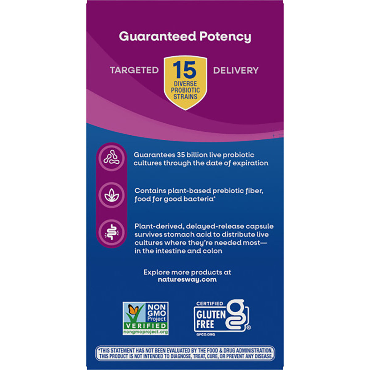 NW802 | Product infographic showing Advanced Care formula with 35 billion live cultures, 15 probiotic strains, benefits and non-GMO and gluten-free logos