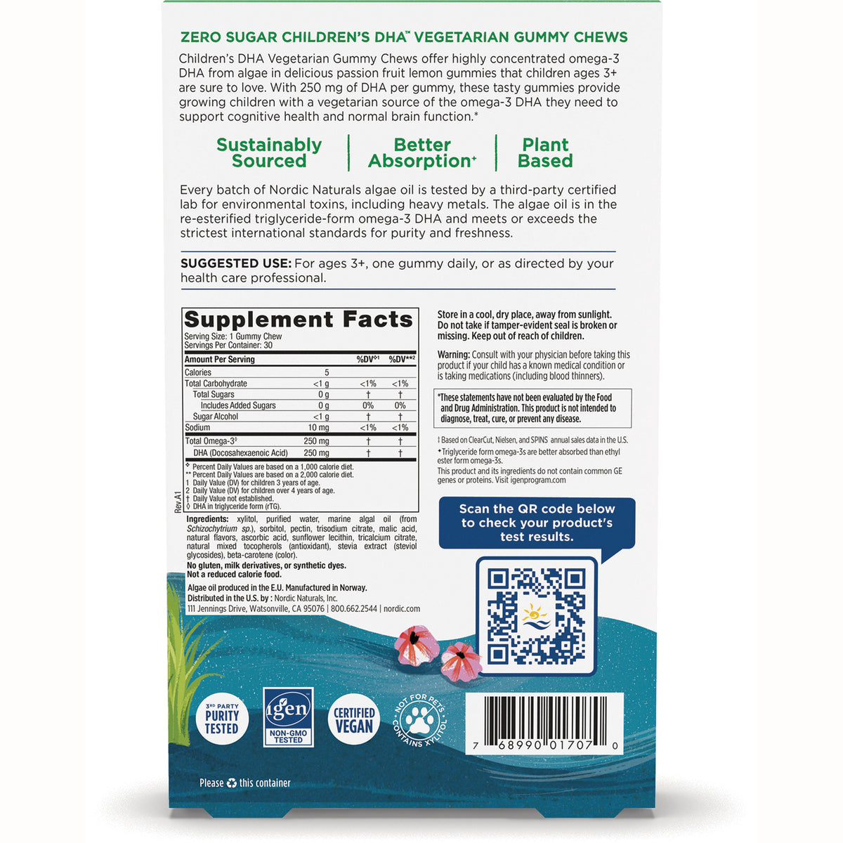 NRN134 | Back of children's DHA vegetarian gummy package showing Supplement Facts panel, QR code, barcode, and certification icons