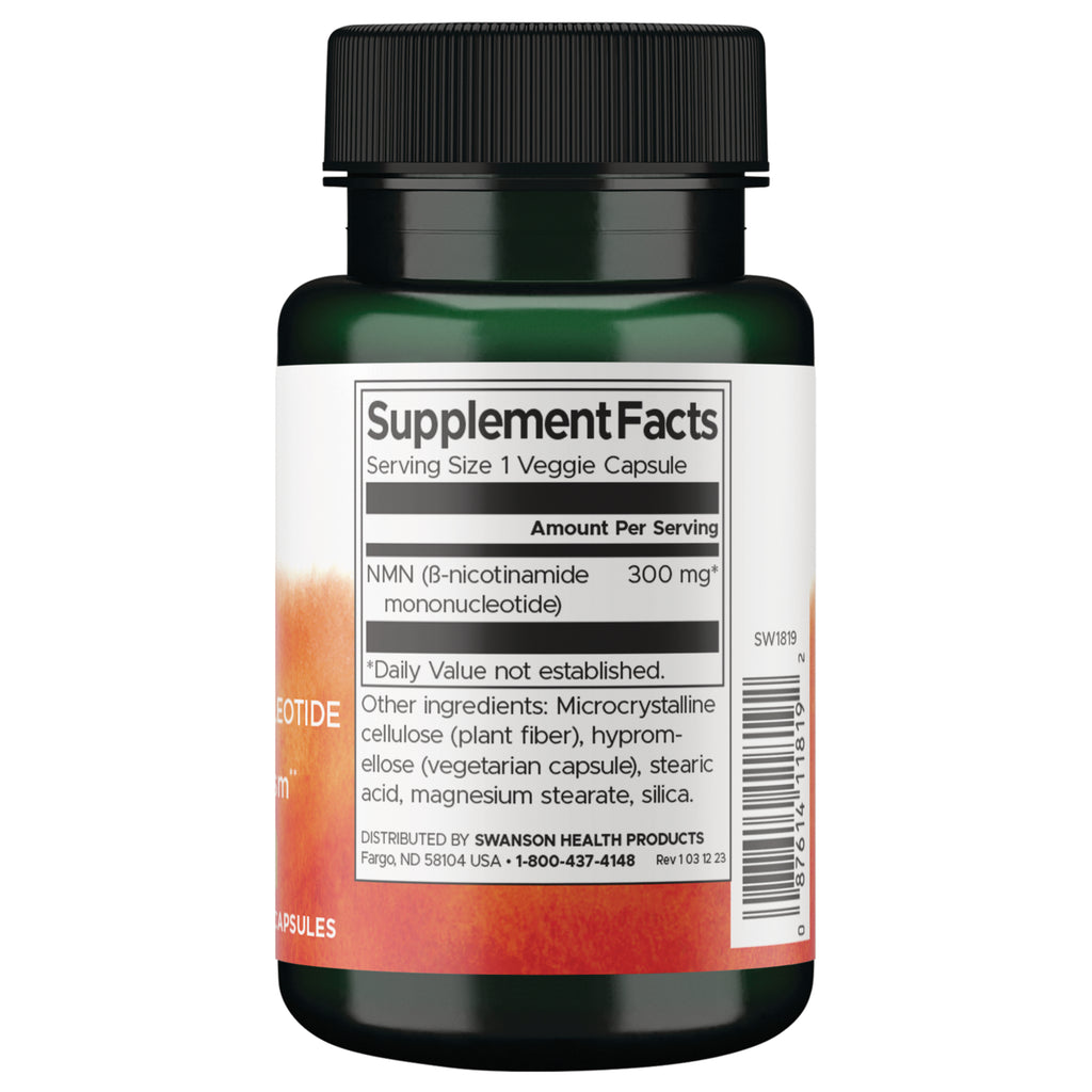 SW1819 | Back label with Supplement Facts for NMN (-nicotinamide mononucleotide) 300 mg veggie capsule - Thumbnail