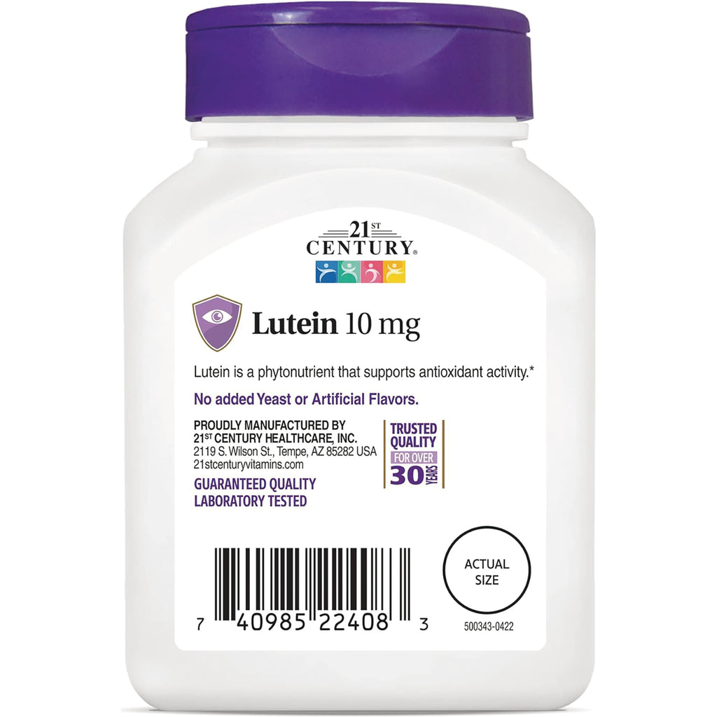 CNT096 | white supplement bottle back label for Lutein 10 mg with barcode, manufacturer details, and actual size circle - Thumbnail