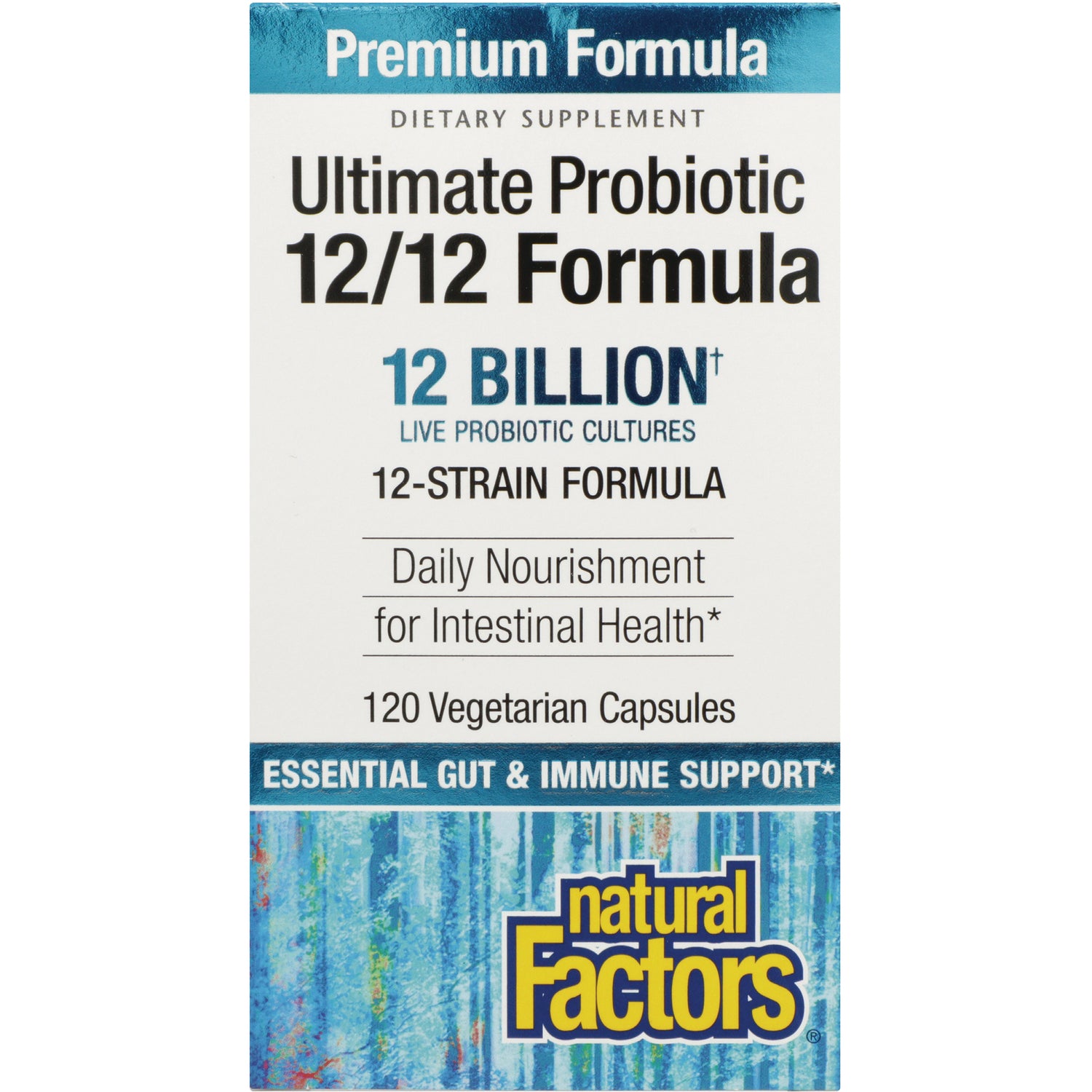 NFC136 | Natural Factors Ultimate Probiotic 12/12 Formula front packaging, 12 billion live cultures, 120 vegetarian capsules
