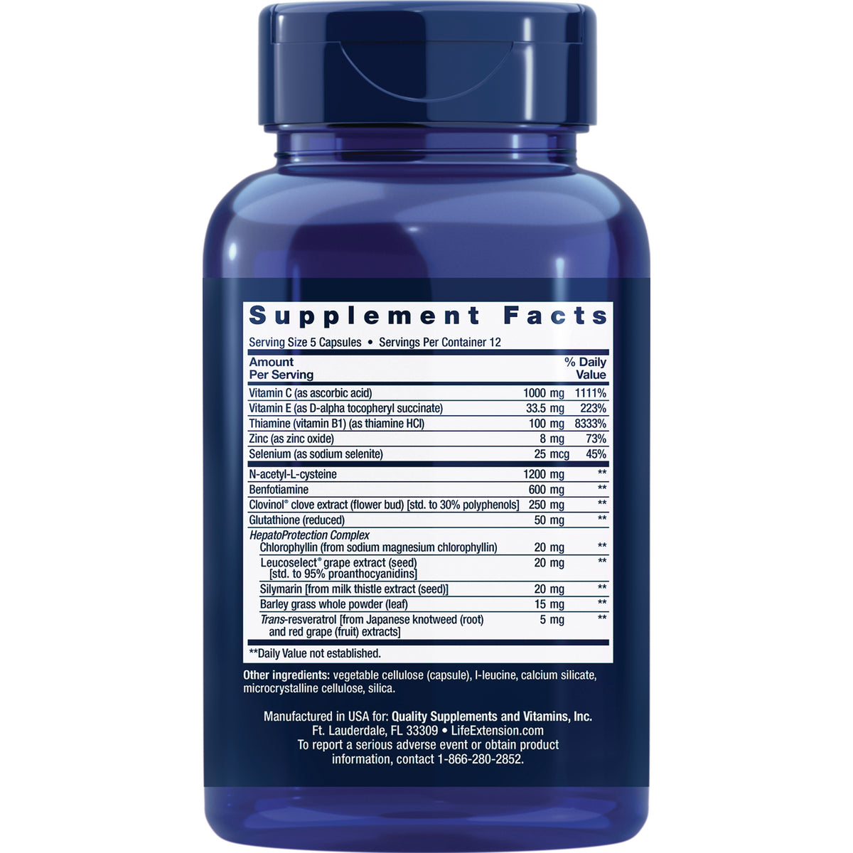 LE461 | Back of blue supplement bottle showing Supplement Facts panel and ingredient list