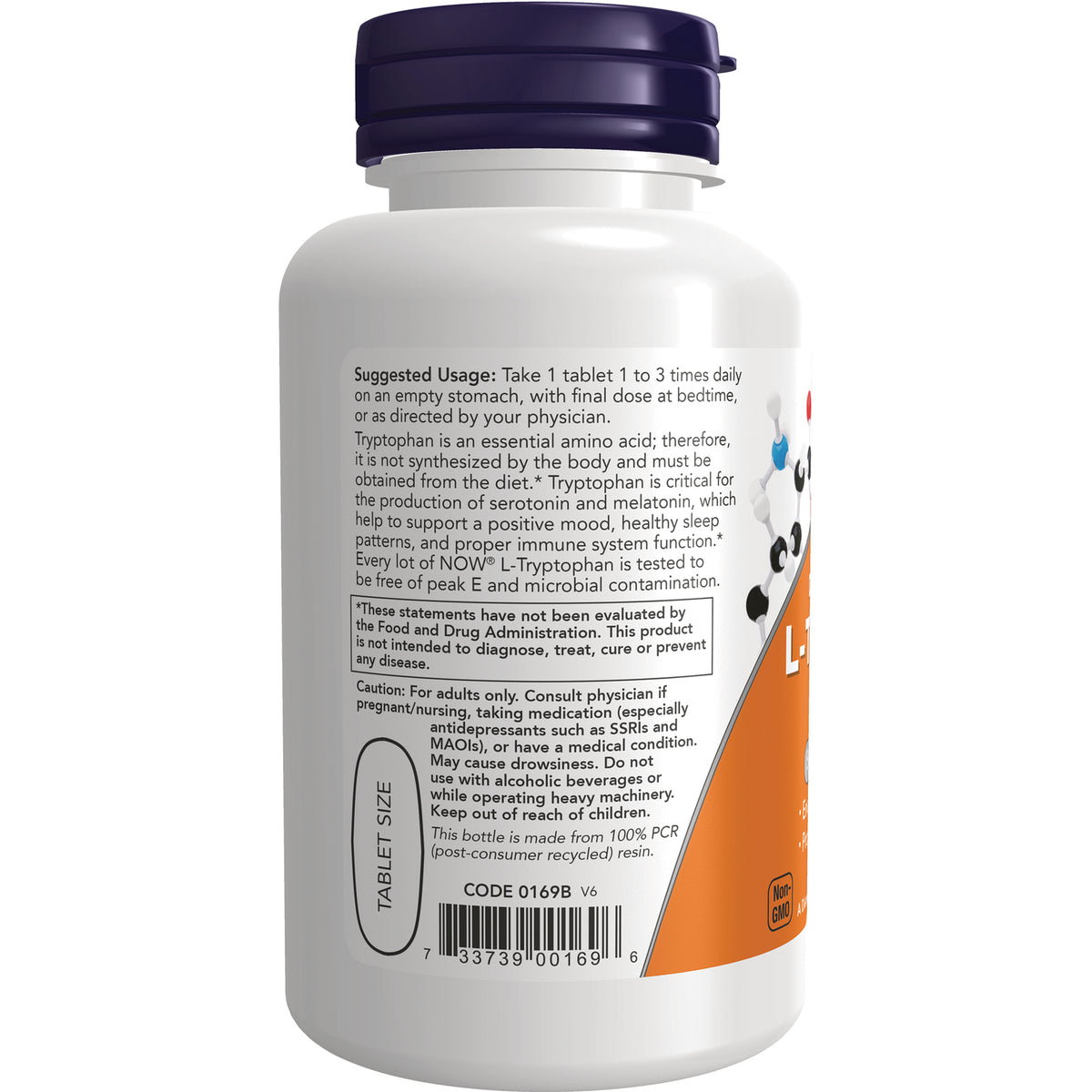 NWF253 | back label of white supplement bottle showing suggested usage, cautions, tablet size and barcode