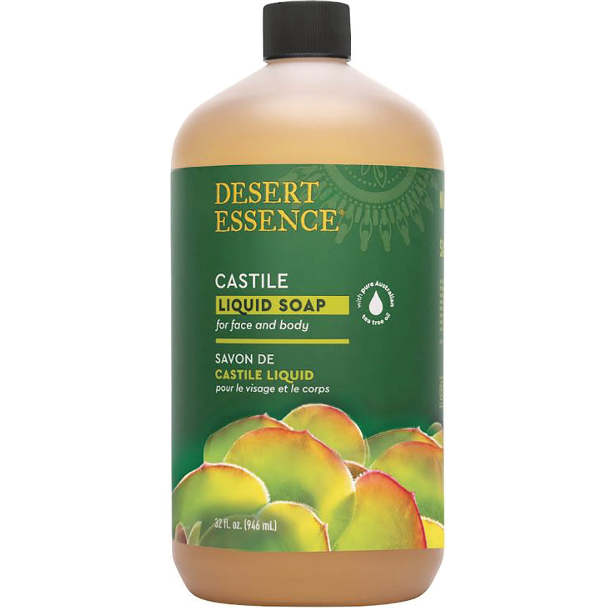 DST072 | Desert Essence Castile liquid soap 32 fl oz bottle label reading Castile Liquid Soap for face and body