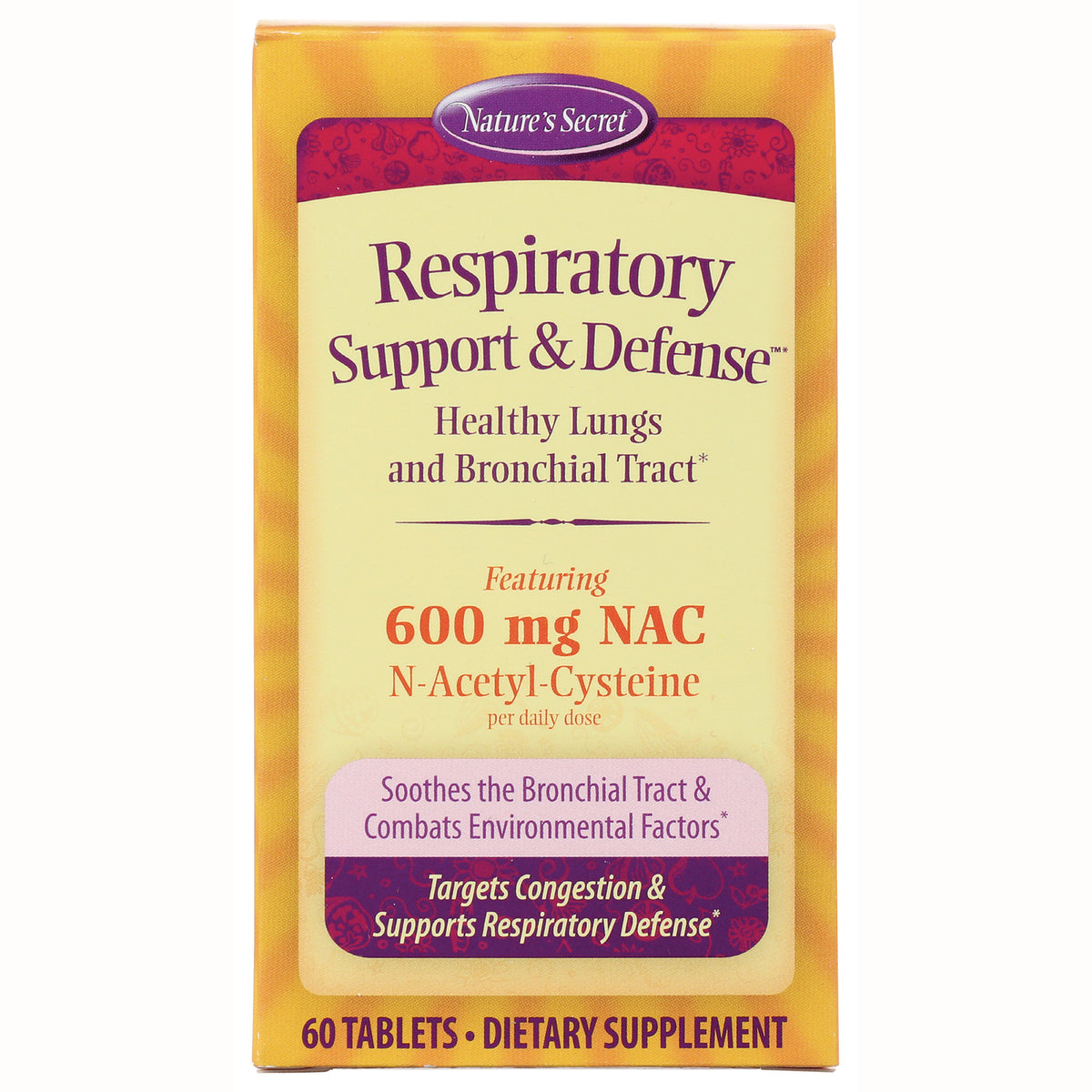 NTS25 | Nature's Secret Respiratory Support & Defense front box showing 600 mg NAC and 60 tablets