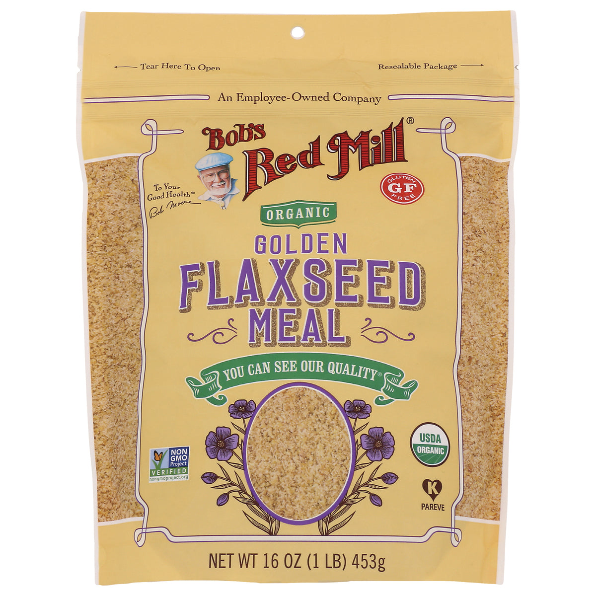 BOB265 | Bob's Red Mill organic golden flaxseed meal bag front showing branding, product window and 16 oz net weight