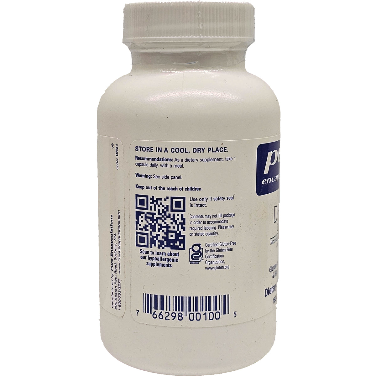 PRN013 | back label of white supplement bottle showing storage instructions, QR code, and barcode