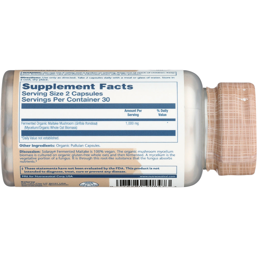SLR462 | Back label Supplement Facts for Solaray Fermented Organic Maitake Mushroom, serving size 2 capsules - Thumbnail
