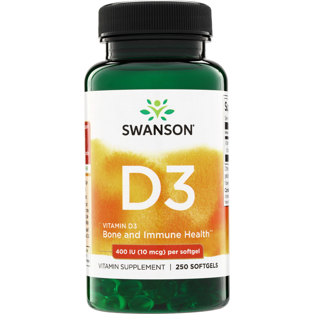 SW941 | Swanson D3 Vitamin D3 bottle front, 400 IU (10 mcg) per softgel, 250 softgels, Bone and Immune Health