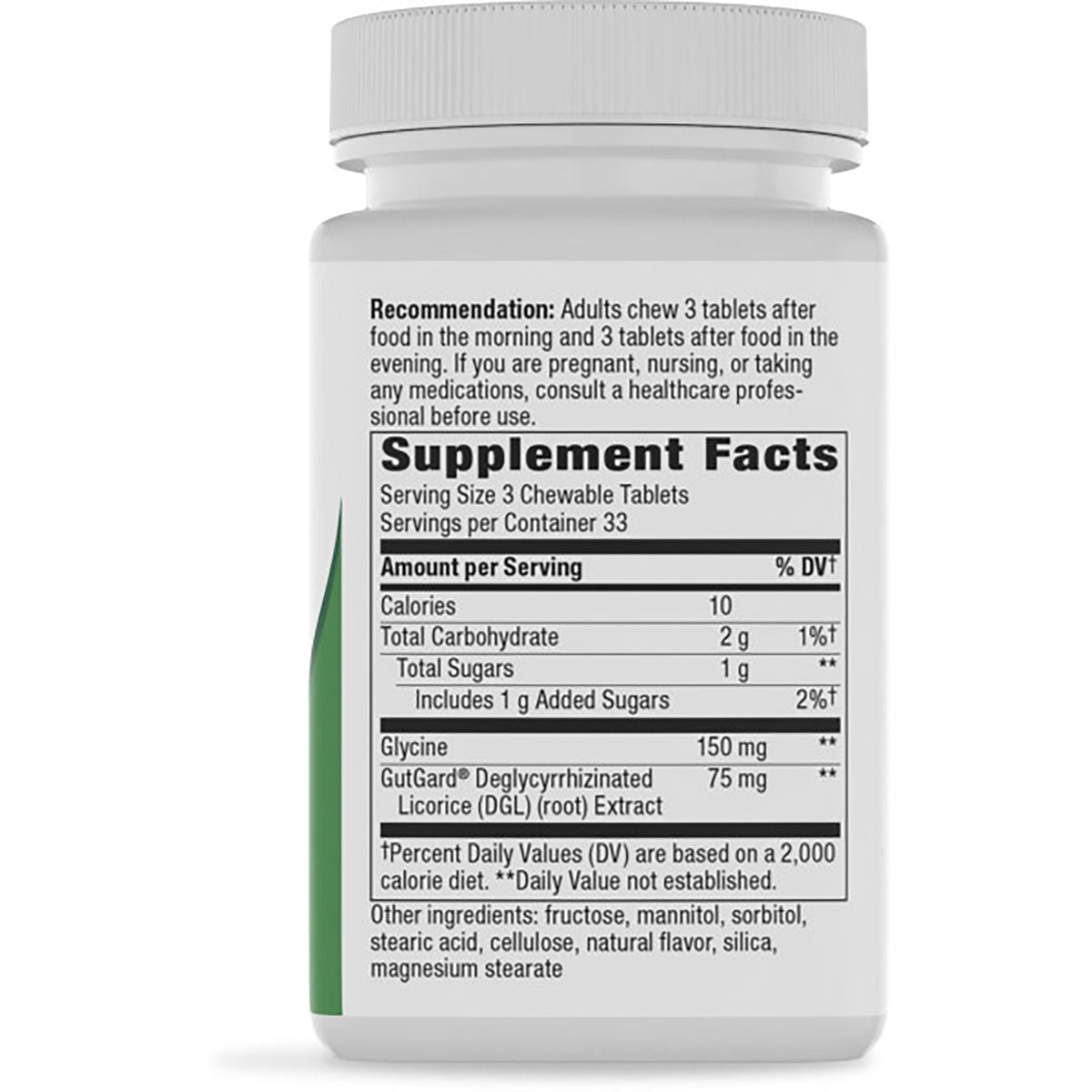 ET029 | back of supplement bottle showing Supplement Facts label with serving size, amounts, and other ingredients