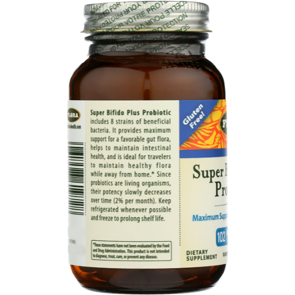 FL096 | Back of brown supplement bottle labeled Super Bifido Plus Probiotic showing storage instructions, barcode and tamper seal - Thumbnail