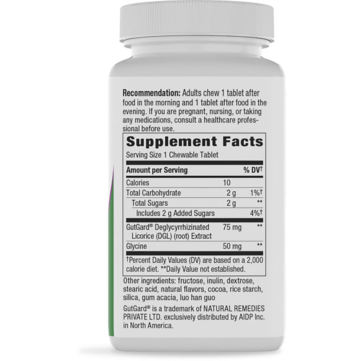 Supplement Facts and ingredient label on back of brown supplement bottle showing serving size and nutrient amounts