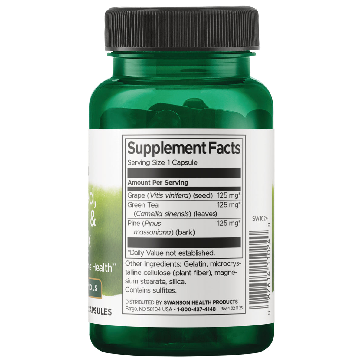 SW1024 | Back label with Supplement Facts: serving size 1 capsule; grape seed, green tea, pine bark; barcode
