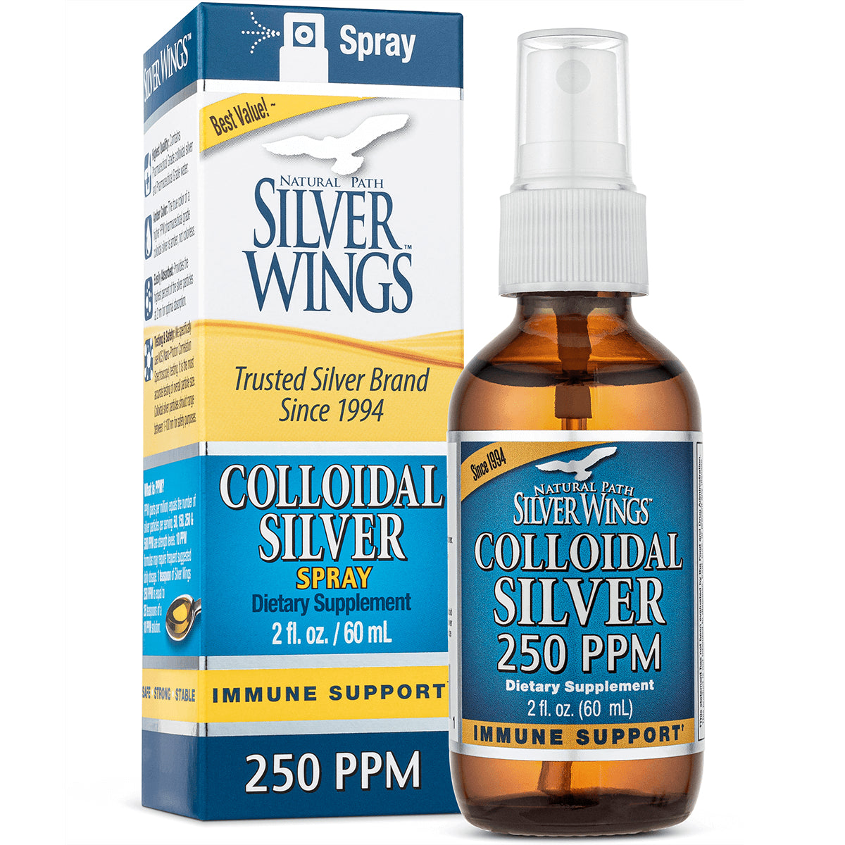 NPS002 | Silver Wings Colloidal Silver 250 PPM spray bottle and box, 2 fl oz immune support dietary supplement
