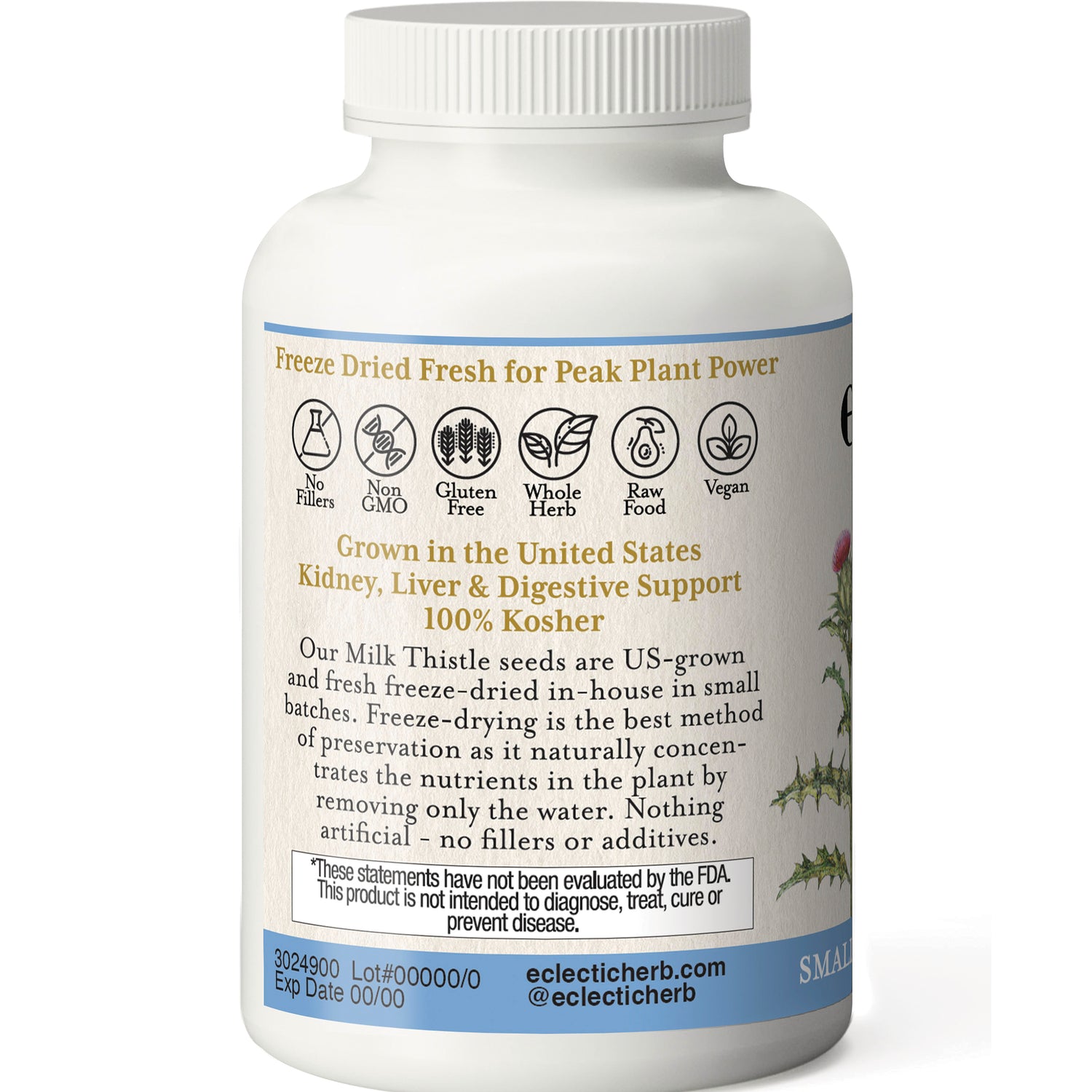 EC032 | back label of white supplement bottle reading Grown in the United States Kidney, Liver & Digestive Support 100% Kosher and small-print product information