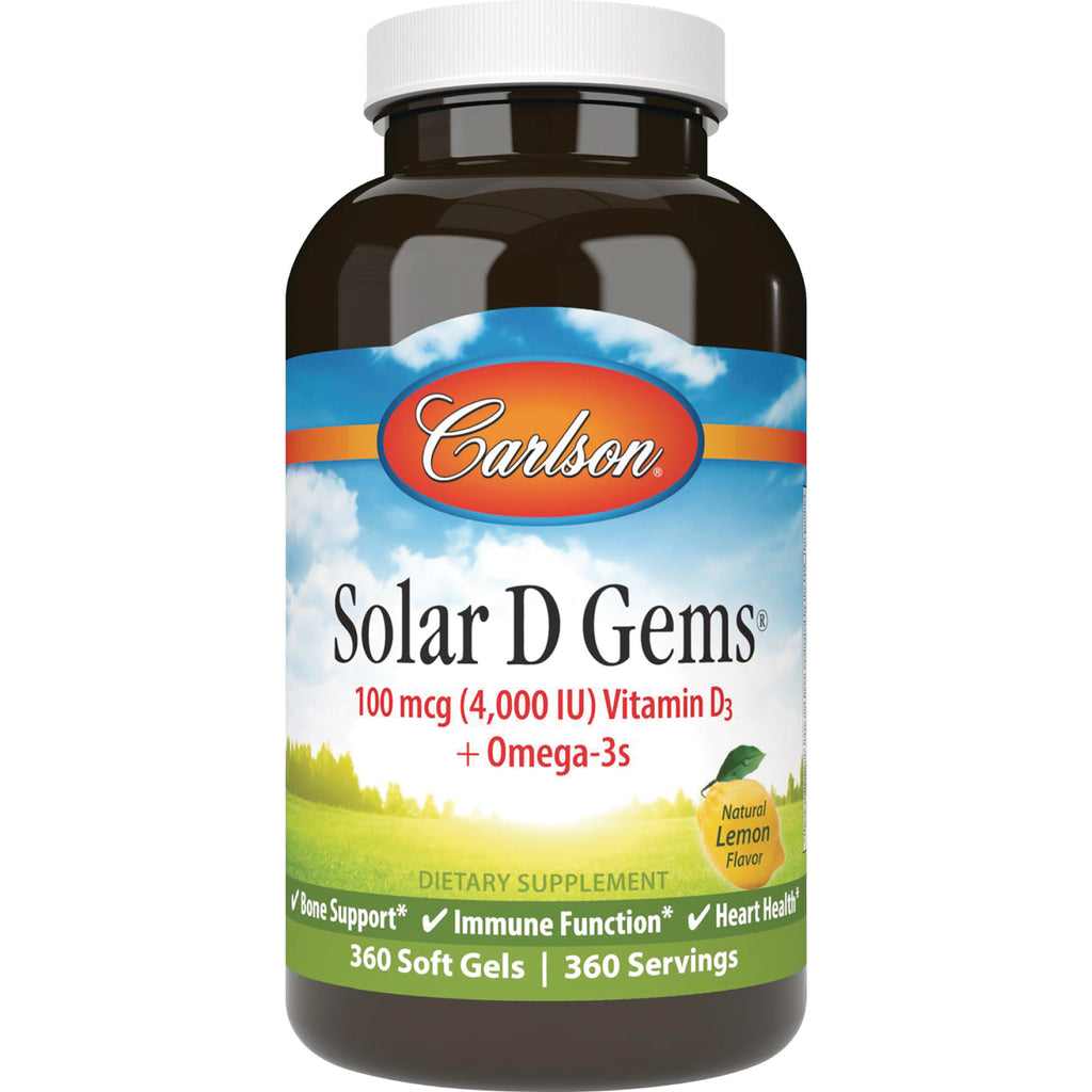 CSN181 | Carlson Solar D Gems 4,000 IU Vitamin D3 + Omega-3s soft gels bottle, natural lemon flavor, 360 count - Thumbnail