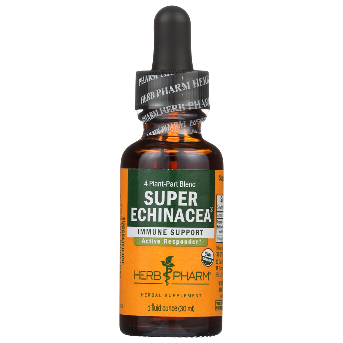 HPH033 | Amber dropper bottle with yellow label reading SUPER ECHINACEA Herb Pharm liquid herbal extract 1 fl oz