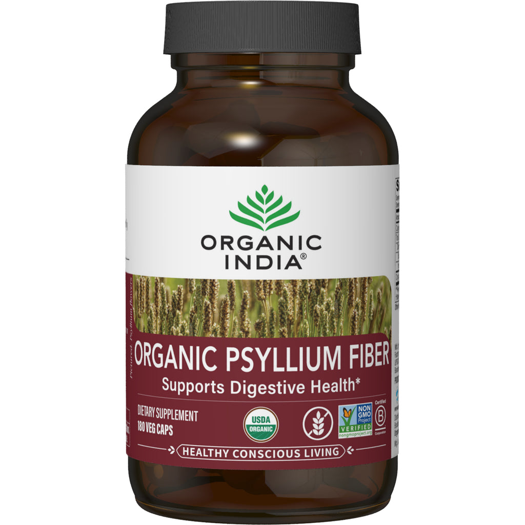 RGN097 | Organic India bottle with front label reading ORGANIC PSYLLIUM FIBER, supports digestive health, 180 veg caps - Thumbnail