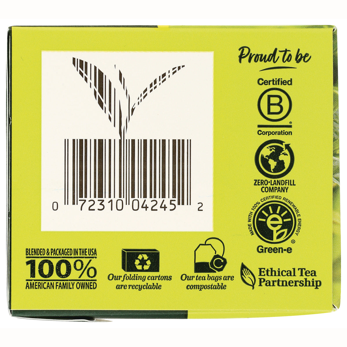 BGT012 | Barcode with certification icons and text 'Zero-Landfill Company', '100% American Family Owned' and 'Our tea bags are compostable'